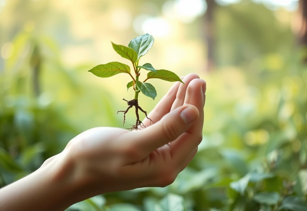 Mână care ține o plantă mică, cu rădăcini vizibile, simbolizând creșterea și natura