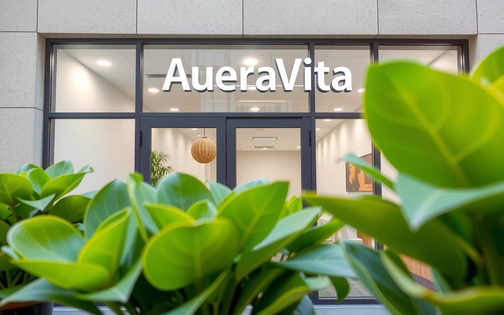 Imagine cu sediul Aureavitavb, o clădire modernă cu multă lumină naturală și plante verzi la interior