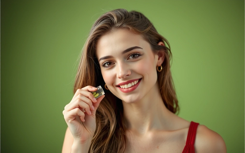 Femeie consumând suplimente naturale cu un zâmbet