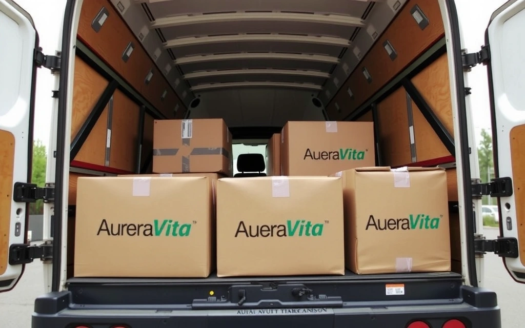 Cutii de livrare Aureavitavb într-un camion de curierat, simbolizând procesul de livrare.