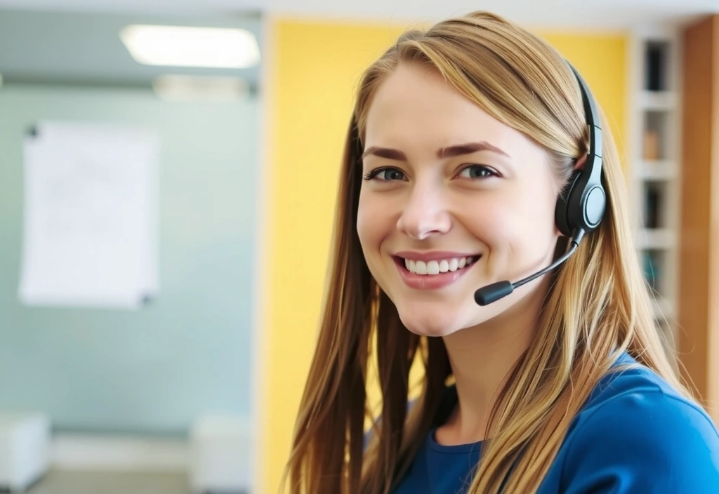 Femeie zâmbitoare discutând cu un client la telefon, reprezentând suportul Aureavitavb.